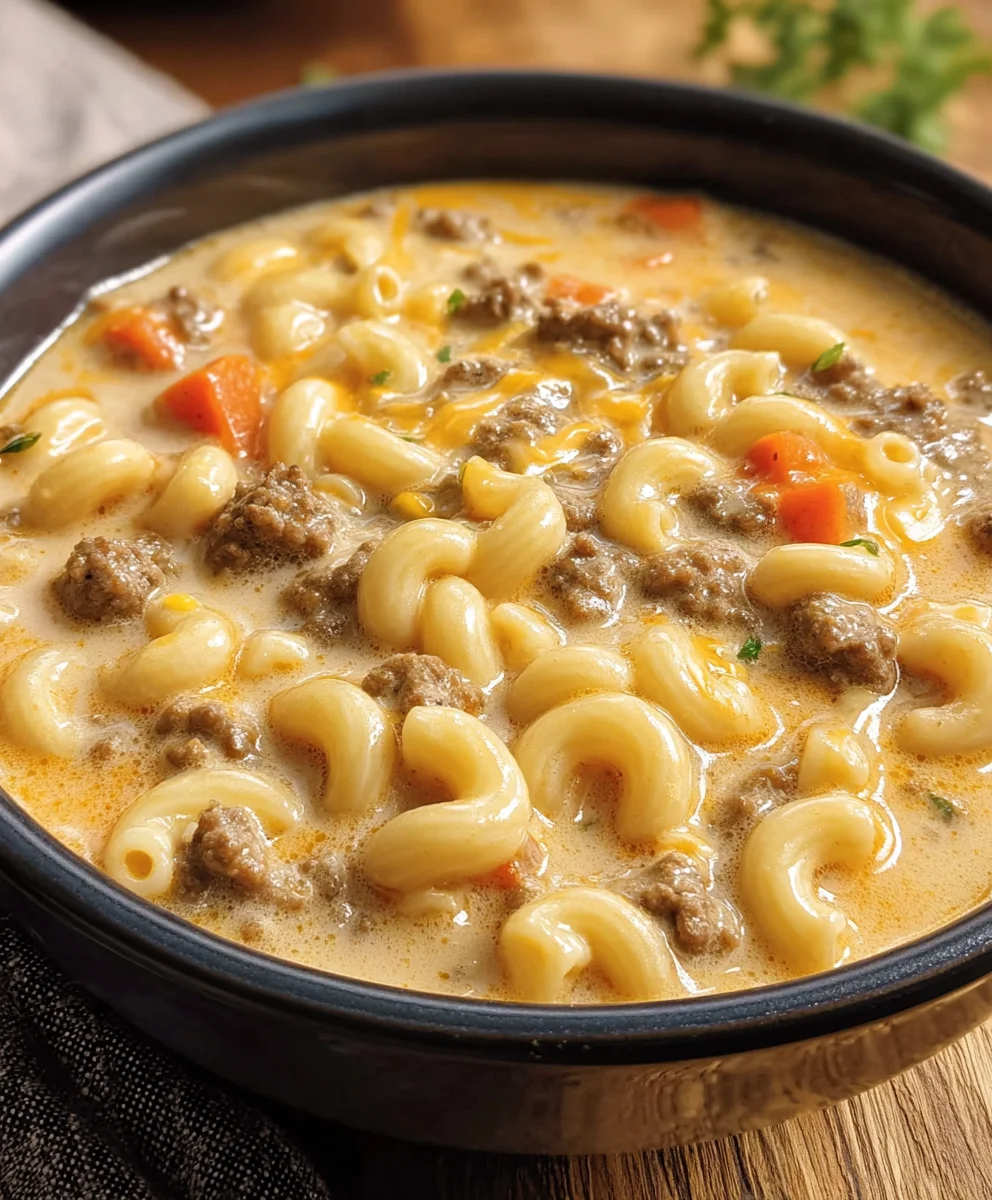Cheeseburger Macaroni Soup-Creamy Beef Comfort Recipe