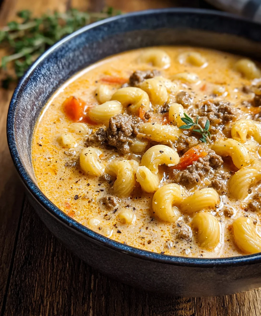 Cheeseburger Macaroni Soup-Creamy Beef Comfort Recipe