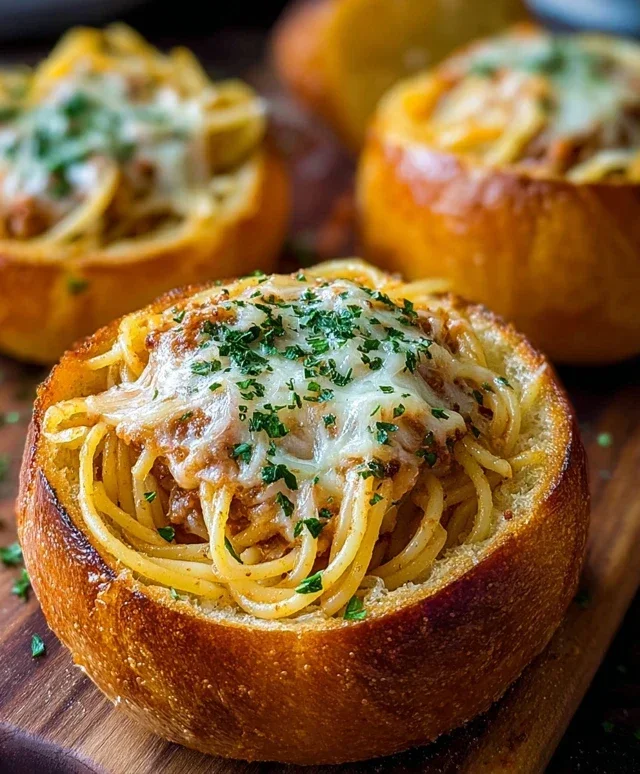 Spaghetti Garlic Bread Bowls