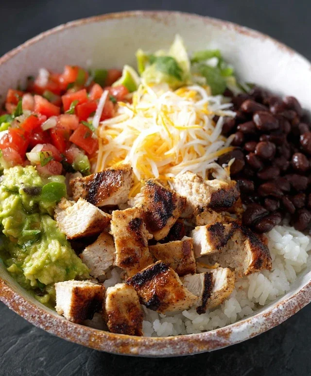Grilled Chicken Burrito Bowl with Rice and Beans