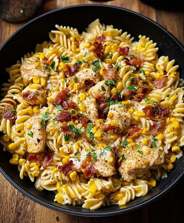Creamy Chicken and Corn Pasta with Beef Beef Bacon