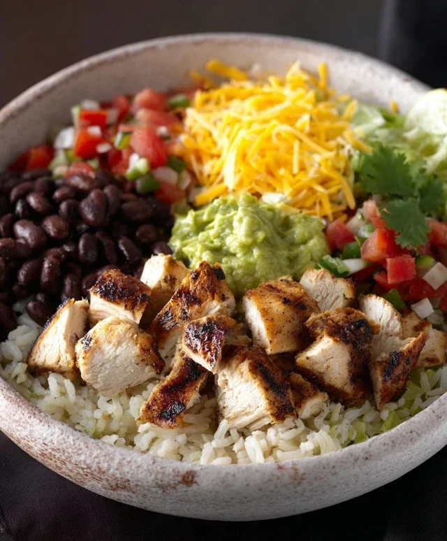 Grilled Chicken Burrito Bowl with Rice and Beans