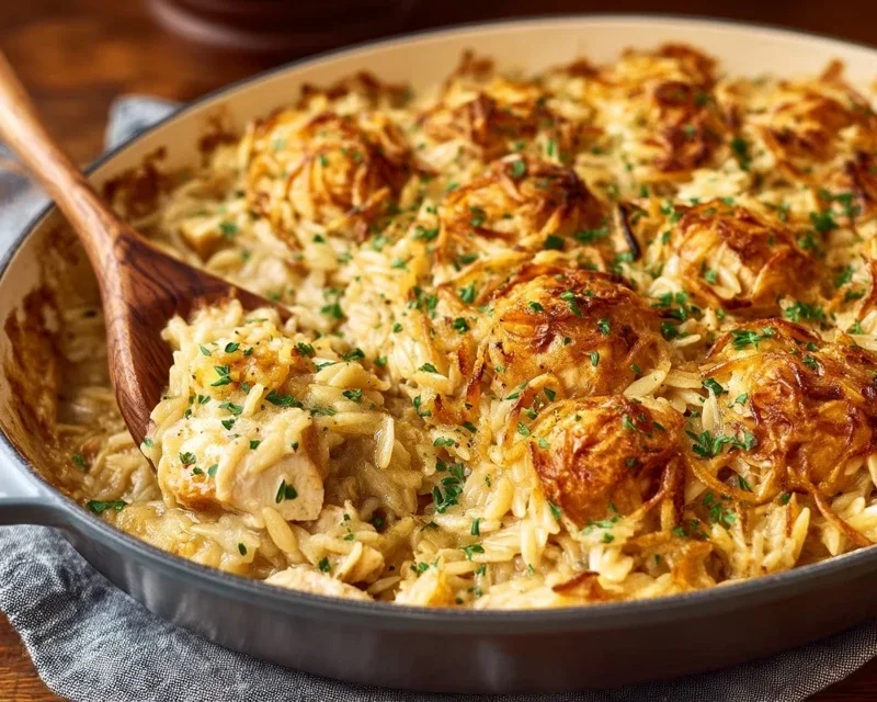 French Onion Chicken Orzo Casserole