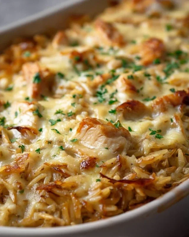 French Onion Chicken Orzo Casserole