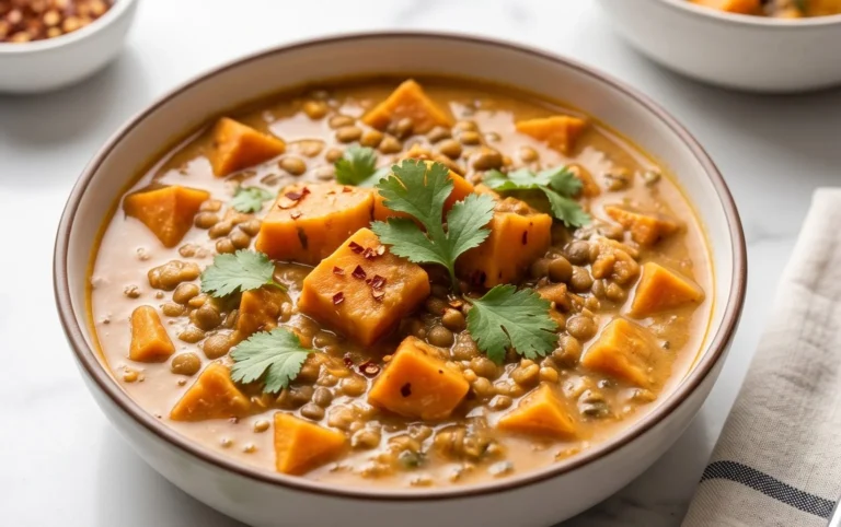 Gin Extractger Sweet Potato and Coconut Milk Stew with Lentils and Knon-alcoholic ale