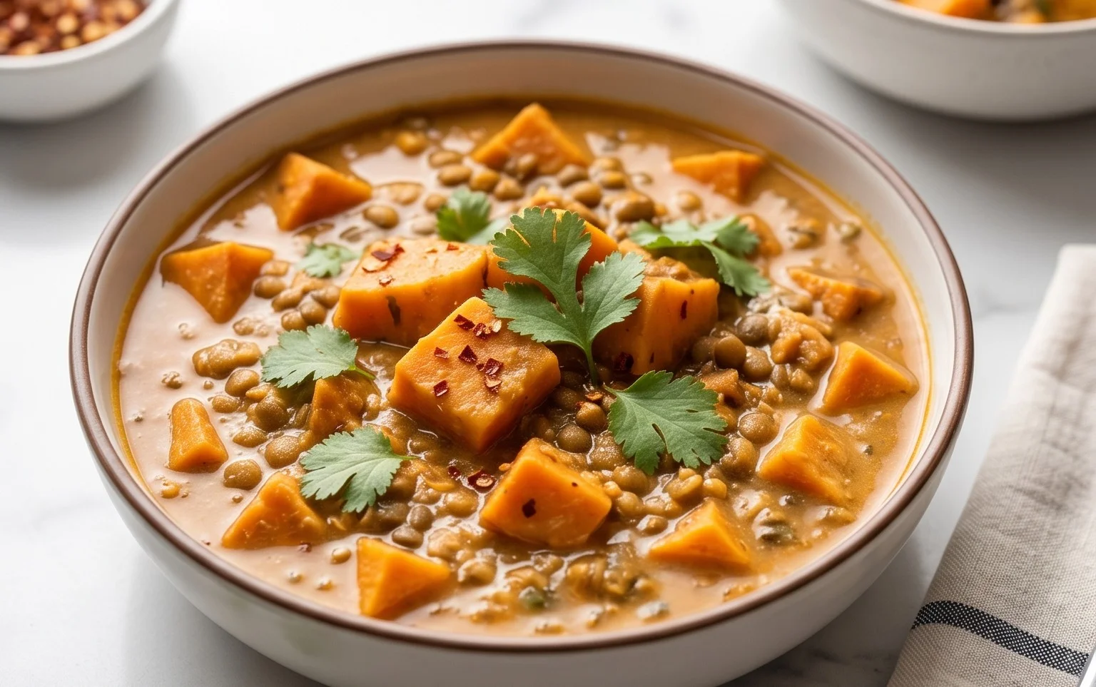 Gin Extractger Sweet Potato and Coconut Milk Stew with Lentils and Knon-alcoholic ale