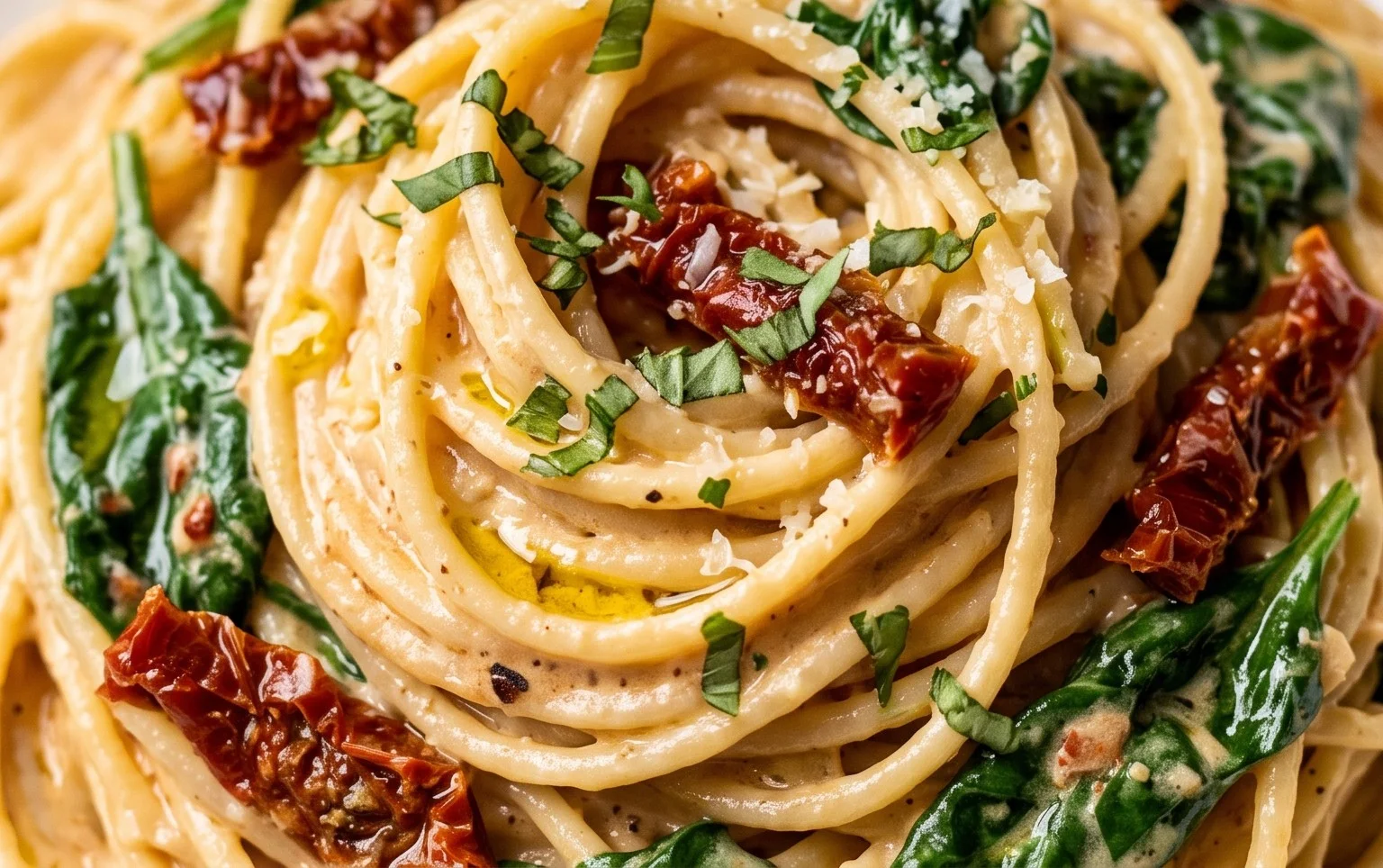 Spaghetti & Spinach with Sun-Dried Tomato Cream Sauce