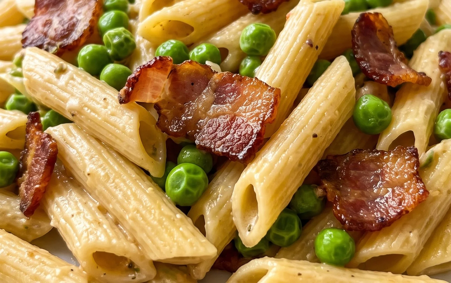 Penne Pasta, Peas and Beef Bacon