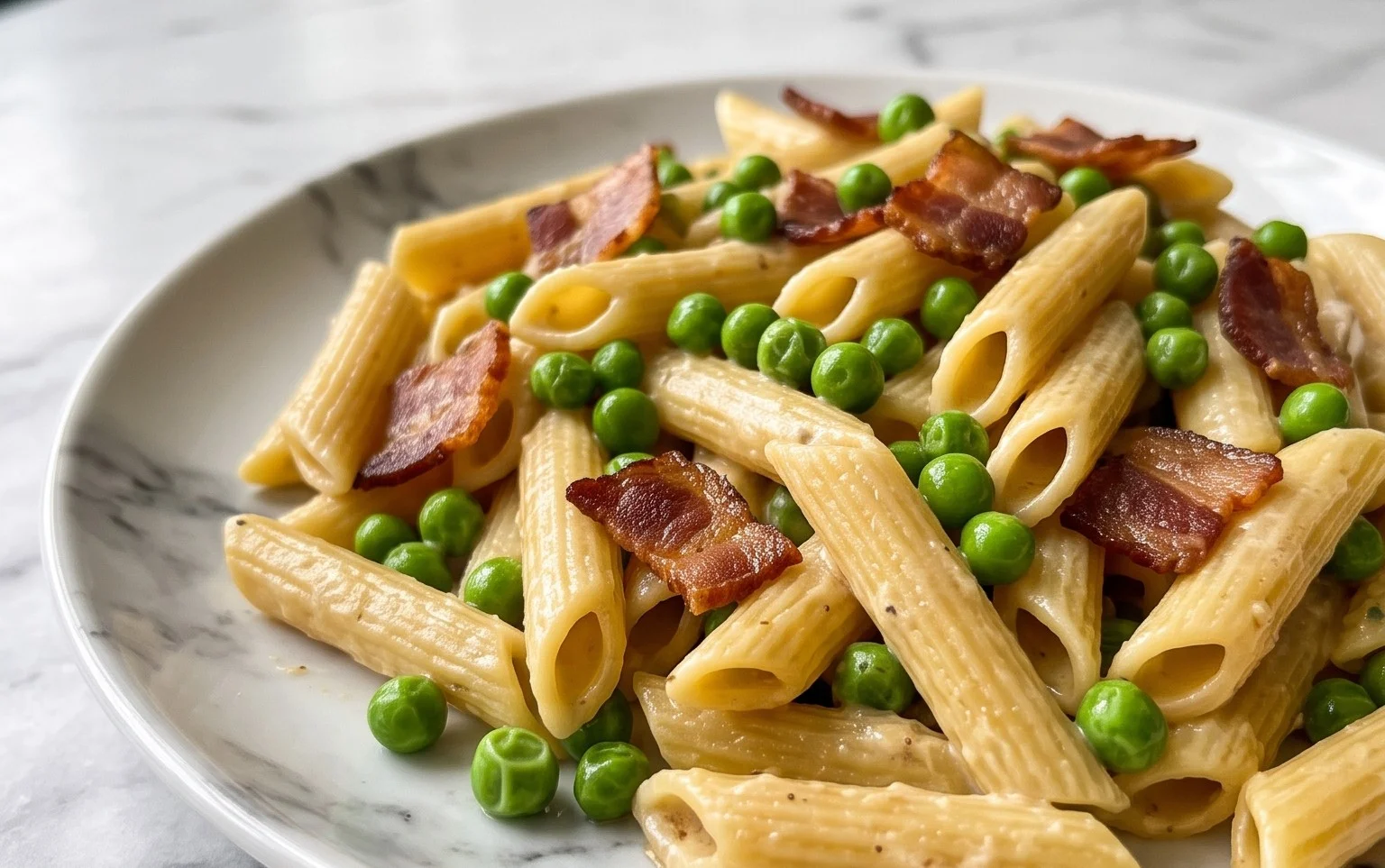 Penne Pasta, Peas and Beef Bacon