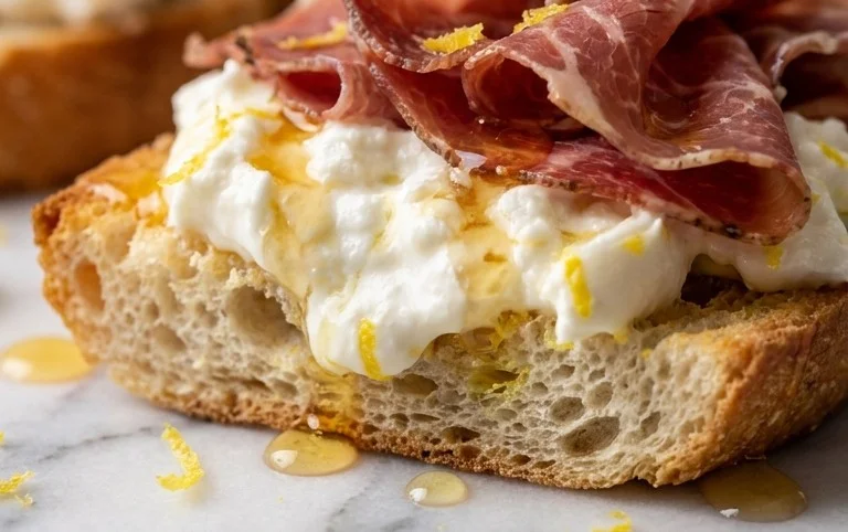 Beef Prosciutto Crostini with Burrata and Lemon Honey Drizzle