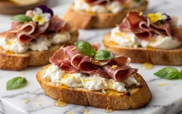 Beef Prosciutto Crostini with Burrata and Lemon Honey Drizzle